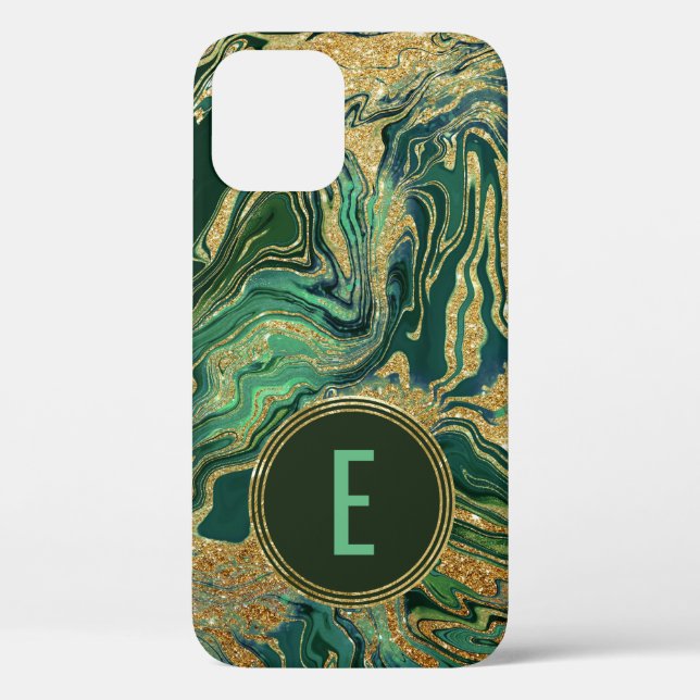 Green Gold Marble Glitter Monogram Case-Mate iPhone Case (Back)
