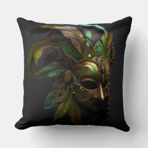 GREEN & GOLD MARDI GRAS MASK & FEATHERS CUSHION