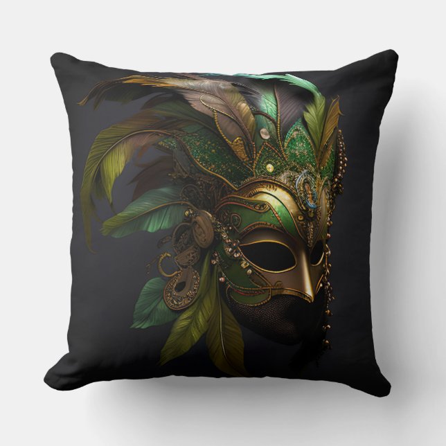GREEN & GOLD MARDI GRAS MASK & FEATHERS CUSHION (Front)