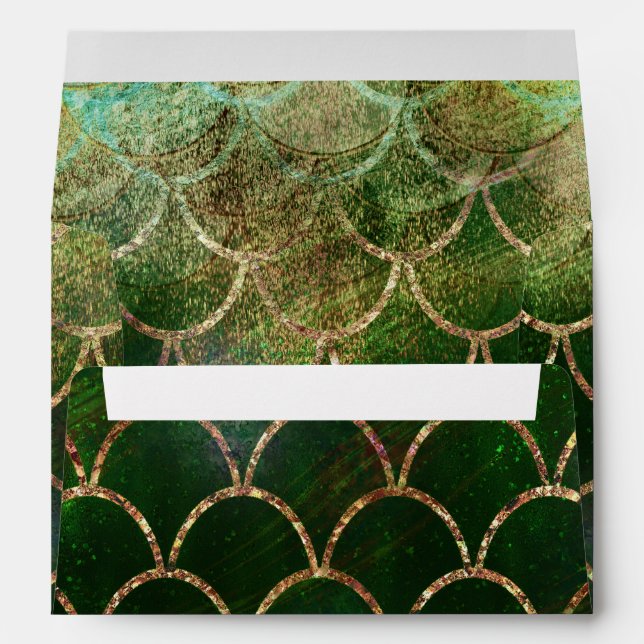 Green & Gold Mermaid Scales Glam Bridal Shower Envelope (Back (Bottom))