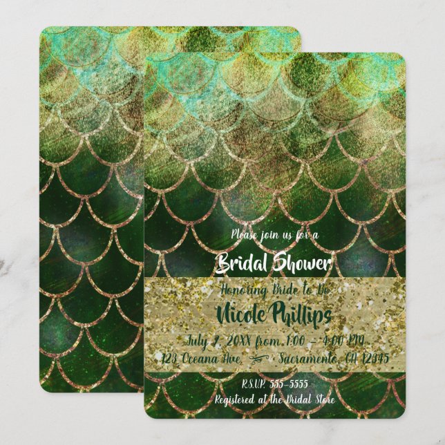 Green & Gold Mermaid Scales Glam Bridal Shower Invitation (Front/Back)