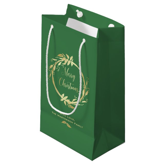 Green Gold Merry Christmas Holly Wreath Holiday Small Gift Bag (Front Angled)