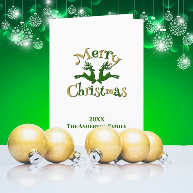 Green Gold Merry Christmas Reindeer Holiday Card (Creator Uploaded)