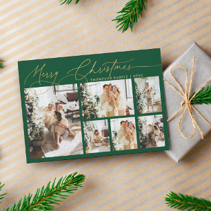 Green Gold Merry Christmas Script Photo Collage Holiday Card