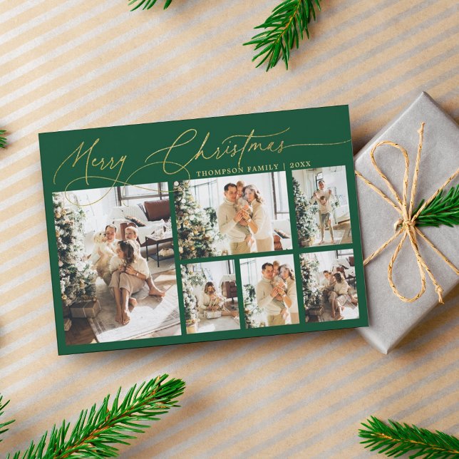 Green Gold Merry Christmas Script Photo Collage Holiday Card (Creator Uploaded)