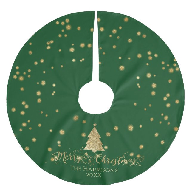 Green Gold Merry Christmas  Tree Sparkles Brushed Polyester Tree Skirt (Front)
