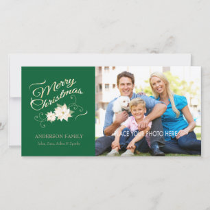 Green & Gold Merry Christmas & White Poinsettias Holiday Card