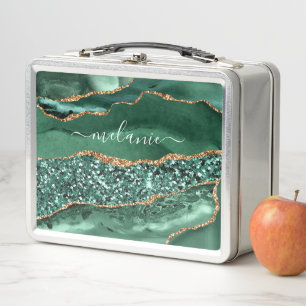 Green Gold Metal Lunch Box with Custom Name
