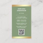 Green Gold Model Actress QR Code 2 Photo Collage Business Card (Back)