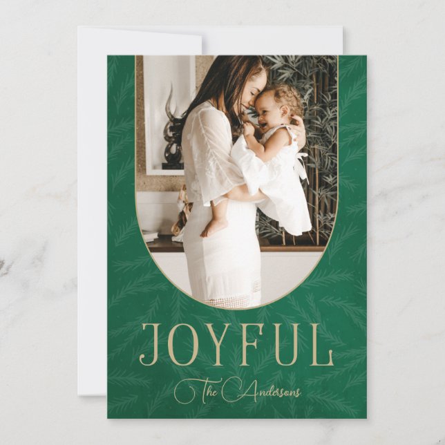 Green Gold Modern Botanical Arch Joyful Photo    Holiday Card (Front)