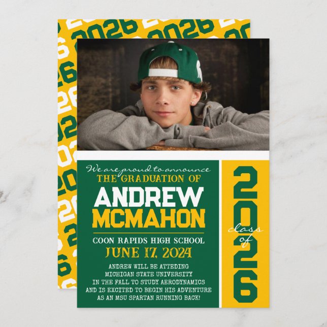Green & Gold Modern Graduation Photo Announcement (Front/Back)