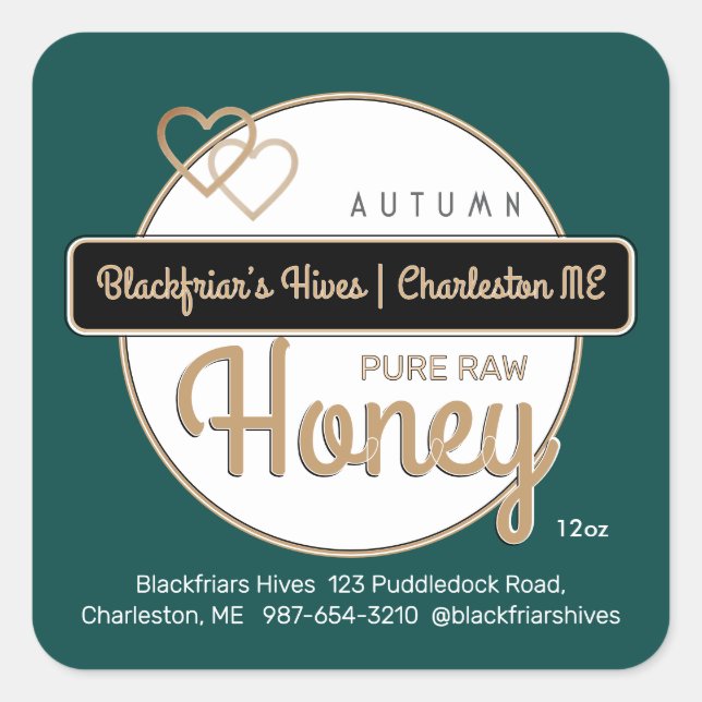 Green Gold Modern Script Honey Made With Love Square Sticker (Front)