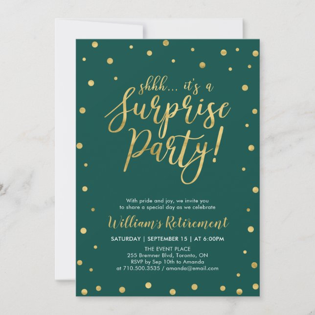 Green & Gold | Modern Surprise Retirement Party Invitation (Front)