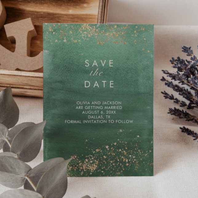 Green & Gold Modern Watercolor Save the Date Invitation (Creator Uploaded)