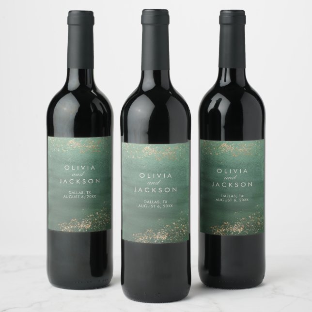 Green & Gold Modern Watercolor Wedding Wine Label (Bottles)