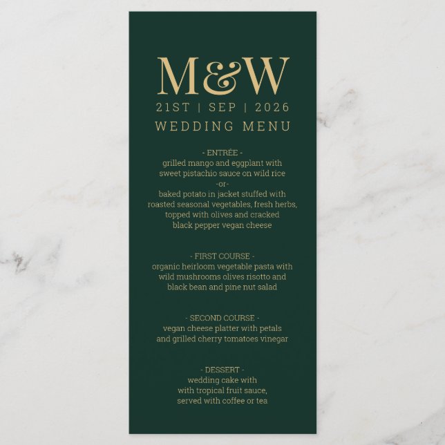 Green Gold Monogram Wedding Menu (Front)
