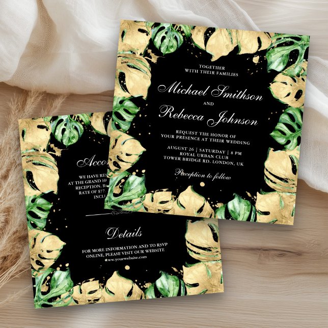 Green Gold Monstera Palm All in One Black Wedding Invitation (Creator Uploaded)