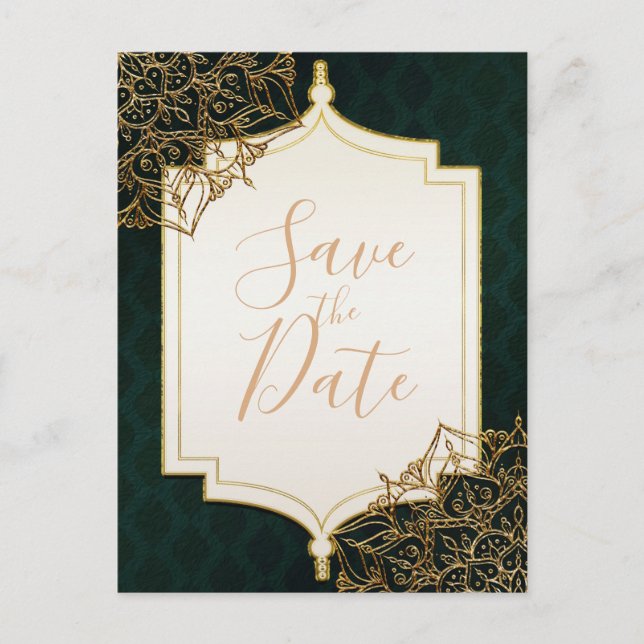 Green & Gold Moroccan Arabian Nights Save the Date Announcement Postcard (Front)