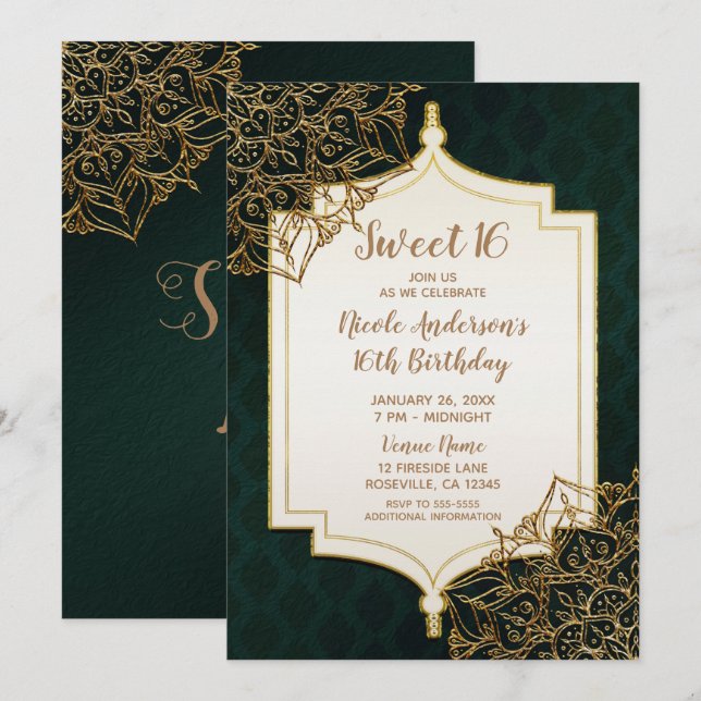 Green Gold Moroccan Arabian Nights Sweet 16 Party Invitation (Front/Back)