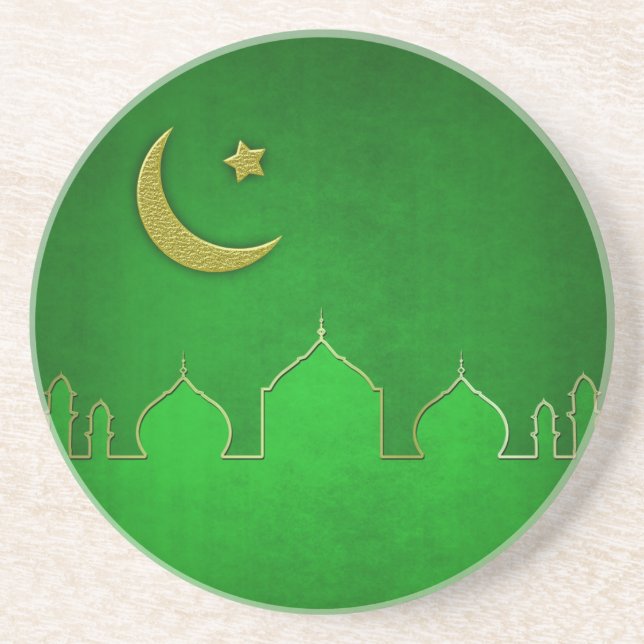 Green Gold Mosque Moon Star Coaster (Front)