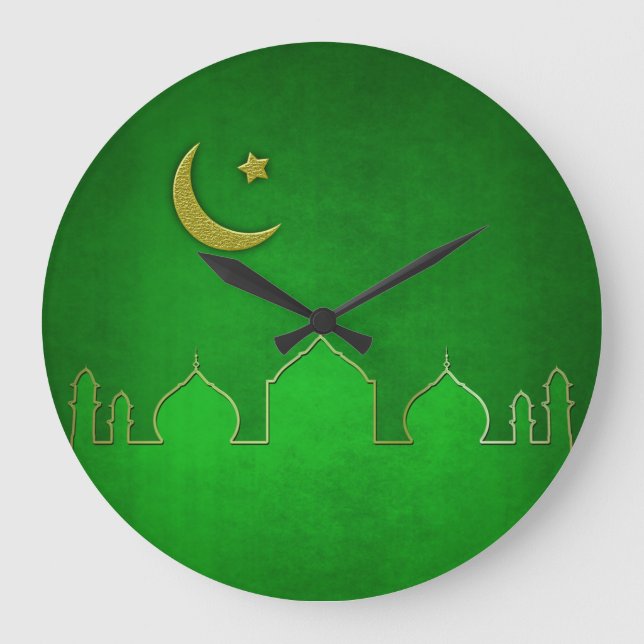 Green Gold Mosque Moon Star Large Clock (Front)