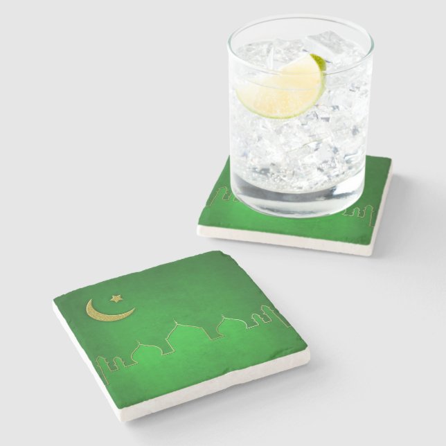 Green Gold Mosque Moon Star Stone Coaster (Side)