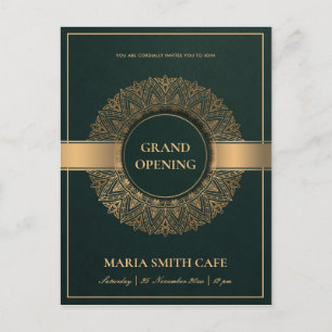 GREEN GOLD ORNATE MANDALA GRAND OPENING INVITE POSTCARD