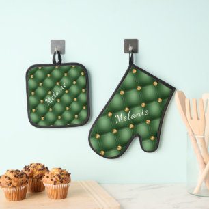 Green Gold Oven Mitt & Pot Holder Set Custom Name