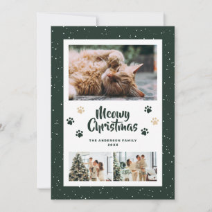 Green Gold Paws Snow 3 Photo Meowy Christmas Card