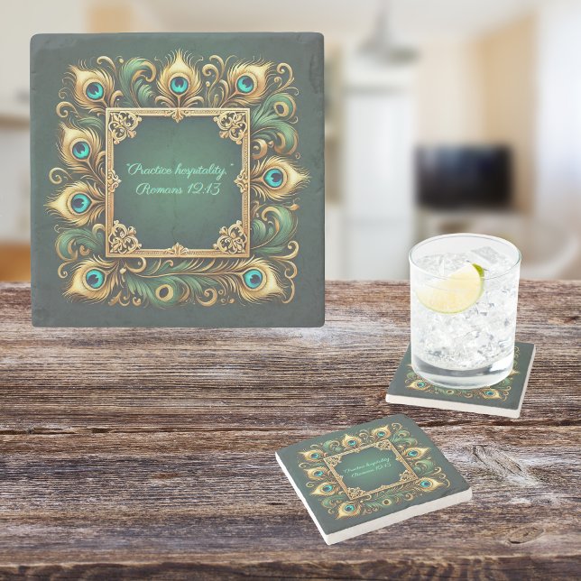 Green Gold Peacock Frame Customisable  Stone Coaster (Creator Uploaded)