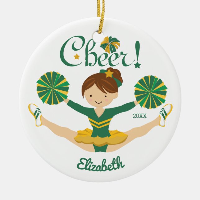 Green & Gold Personalised Brunette Cheerleader Ceramic Tree Decoration (Front)