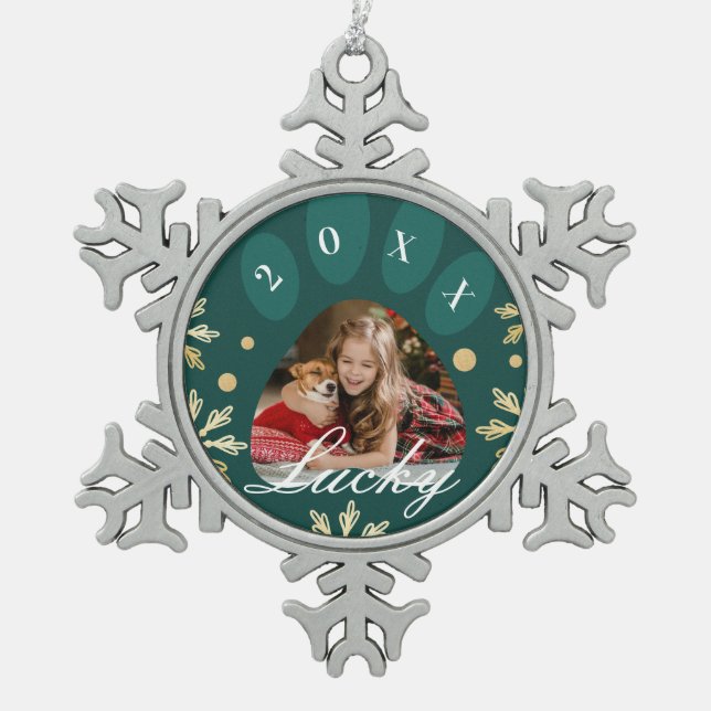Green & Gold Pet Paw Print Photo & Snowflakes Snowflake Pewter Christmas Ornament (Front)