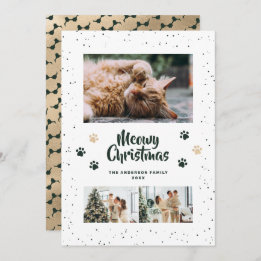 Green Gold Photo Snow Paws Meowy Christmas Card