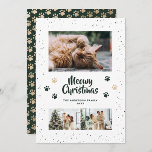 Green Gold Photo Snow Paws Meowy Christmas Card
