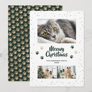 Green Gold Photo Snow Paws Meowy Christmas Card