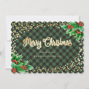 Green Gold Plaid Holly Business Christmas Cards