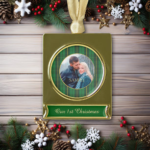 Green Gold Plaid Newlywed Gold Plated Banner Ornament