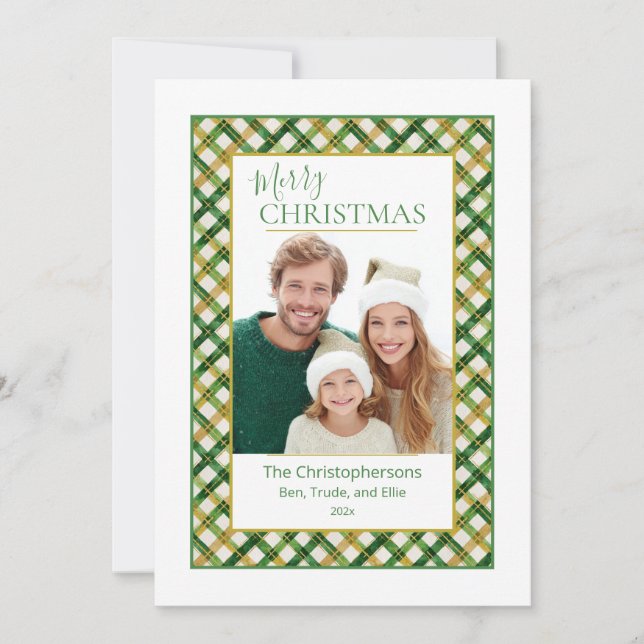 Green Gold Plaid Photo Christmas Card (Front)