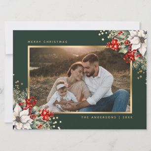 Green Gold Poinsettia Berries Photo Christmas Holiday Card
