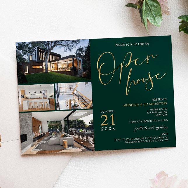 Green & Gold Property Flyer Open House Four Photos Invitation (Stylish business open house event photo collage invitation in emerald green and gold)
