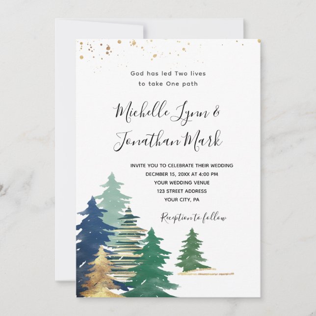 Green Gold Purple Pine Trees All In One Wedding Invitation (Front)