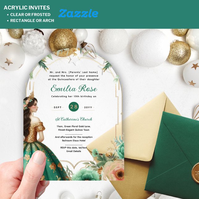 Green Gold Quinceañera Emerald Dress Mis Quince Acrylic Invitations (Creator Uploaded)