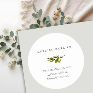 GREEN GOLD RED BERRIES WREATH MERRILY MARRIED CLASSIC ROUND STICKER