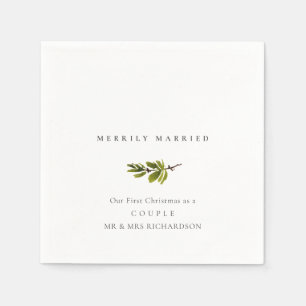 GREEN GOLD RED BERRIES WREATH MERRILY MARRIED NAPKIN