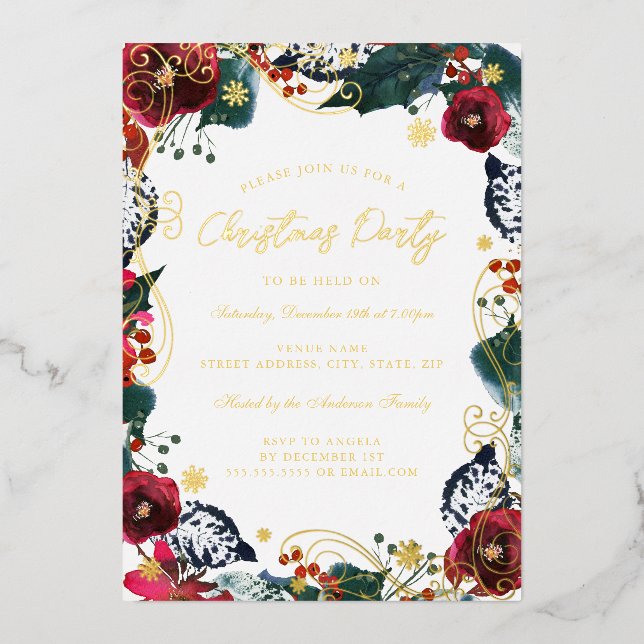 Green Gold Red White Floral Swirl Christmas Party  (Front)
