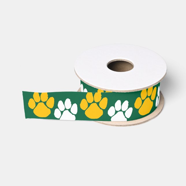 Green & Gold Repeating Pawprint Grosgrain Ribbon (Spool)