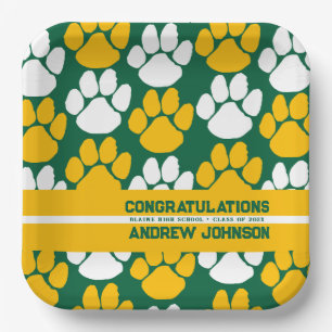 Green & Gold Repeating Pawprint Personalised Paper Plate