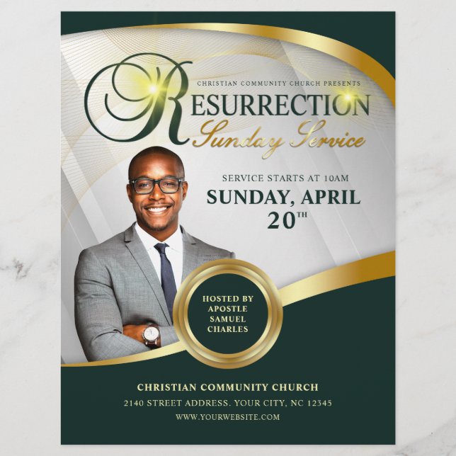 Green & Gold Resurrection Sunday Service Church Flyer (Front)