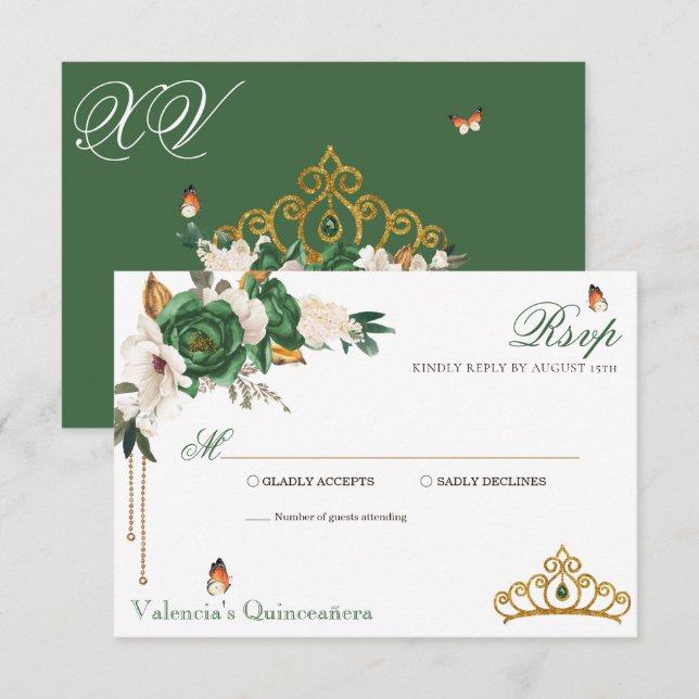 Green Gold Roses Elegant Gold Tiara Quinceanera RSVP Card (Front/Back)