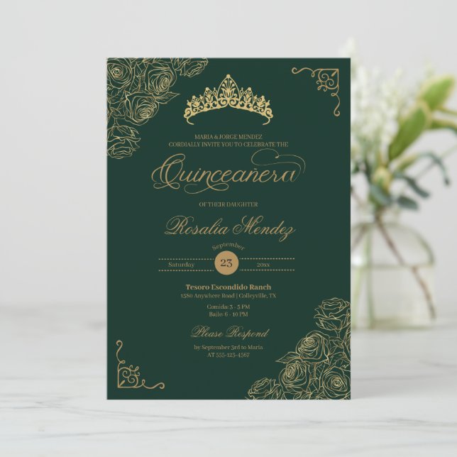 Green & Gold Roses Elegant Quinceañera  Invitation (Standing Front)